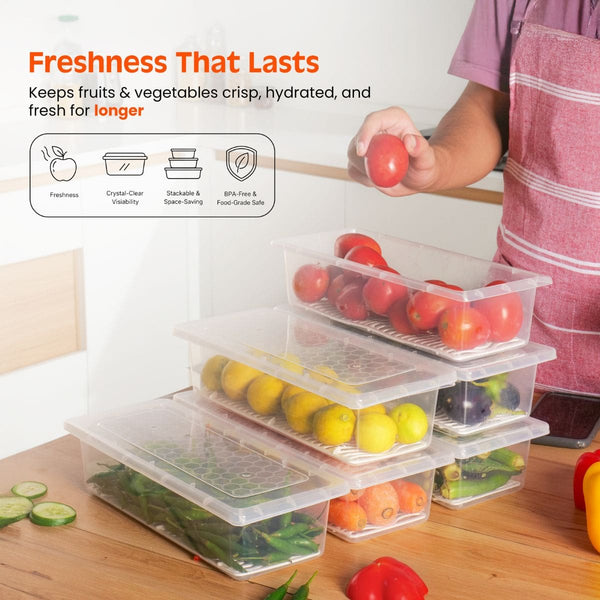 Pankui Fridge Containers with Drain Tray - Keeps Veggies Fresh Longer