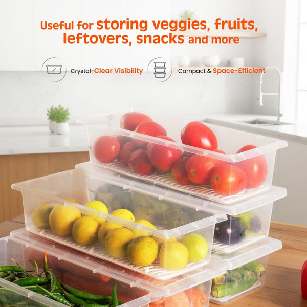 Pankui Fridge Containers with Drain Tray - Keeps Veggies Fresh Longer